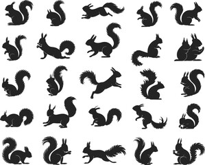 Squirrel silhouette vector set, cartoon squirrels in various poses, animal icons, forest wildlife illustration, black rodent clipart collection