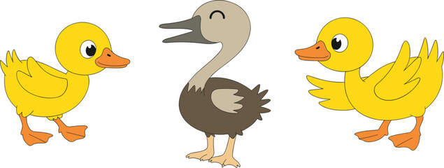 Cute baby ducklings and bird illustration, cartoon yellow ducks, happy wildlife characters, adorable animal vector art, kids nature design, playful baby birds, cartoon animals