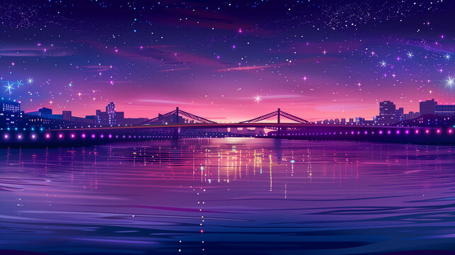 skyline at sunset, riverside, seaside, bridge