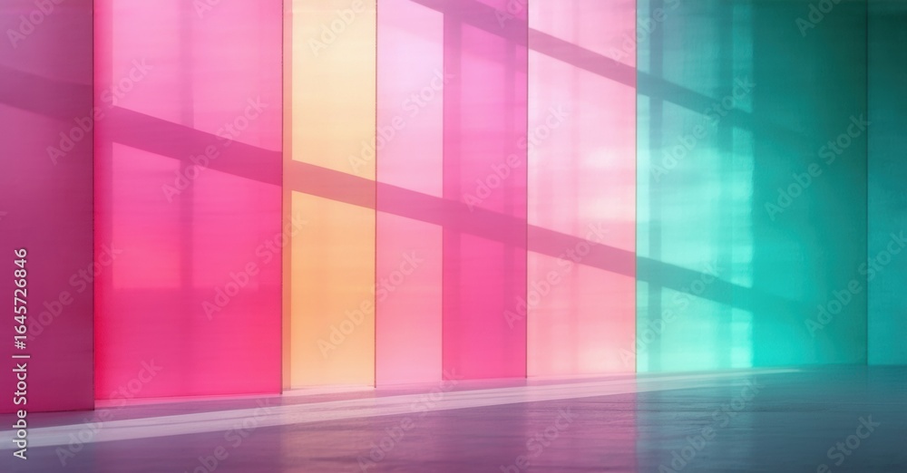Poster abstract colorful wall. vertical panels create vibrant light, shadow patterns. minimalist space, mod
