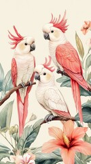 Three Pink Cockatoos Perched on Branches Surrounded by Vibrant Flowers in a Tropical Setting