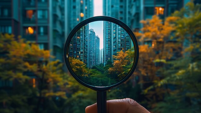 Magnifying glass focusing on buildings and trees in an urban environment with a hand holding it