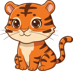 Cute baby tiger cartoon, adorable animal illustration, sitting pose, big eyes, jungle wildlife character, kids drawing, tiger cub art