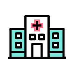 Obraz premium Hospital Icon: Clean graphic rendering of a hospital, showcasing a modern facade with a prominent cross symbol, representing care and health