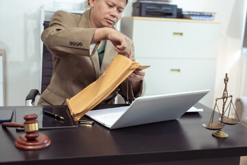 Judge, male lawyer discuss legal services for businessmen, give advice on contracts, plan court...