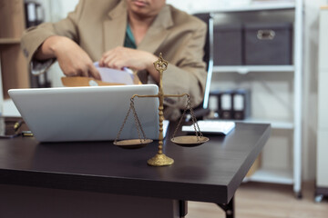 Judge, male lawyer discuss legal services for businessmen, give advice on contracts, plan court...