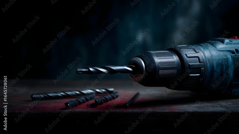 Poster electric drill with drill bits on a workbench with power tool lighting and sharp focus