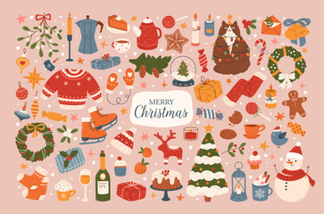 Cozy set of Christmas and New Year. Traditional winter elements and decorations. Hand drawn Christmas tree, wreath, mistletoe, candles, clothes and other. Holiday icons for card, stickers, print