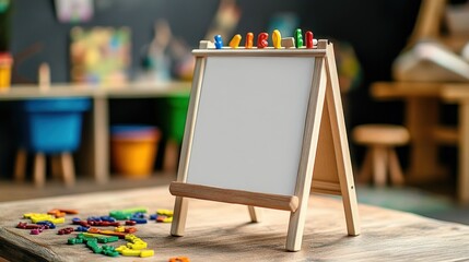 Child's easel with blank whiteboard, colorful letters and art supplies in background