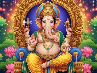 Fototapeta premium Majestic Multi-Color Lord Ganesha Sitting on Golden Throne with Lotus Flowers and Glowing Lights – High-Resolution Festive Illustration