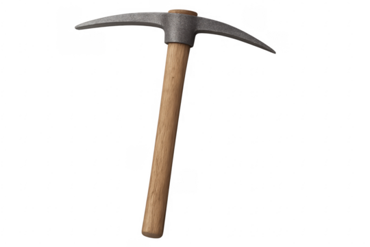 Pickaxe mining tool with wooden handle on transparent background