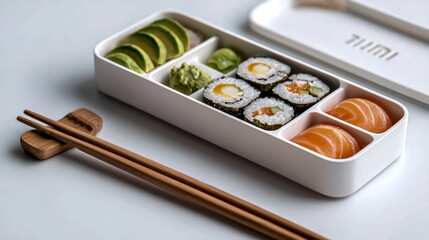 A white bento box with sushi, avocado, and salmon inside sits on the table