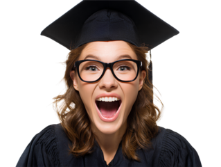 Happy female graduate in glasses and cap white background