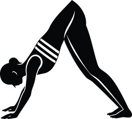 Woman in downward facing dog yoga pose silhouette isolated on transparent background