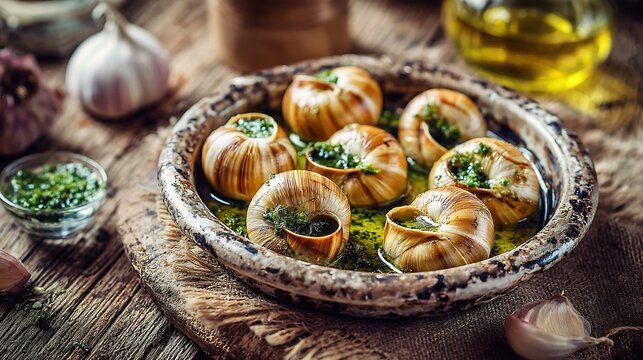 French escargots garlic butter served in traditional dish gourmet delicacy