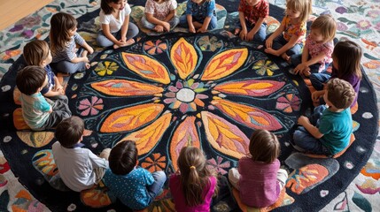 Children in a circle on a colorful rug.  A group of young children are seated in a circle on a patterned rug with a large floral design.  They appear engaged and happy