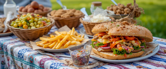 Fototapeta premium Enjoy a picnic with a gourmet burger, fries, fruits, and snacks outdoors.