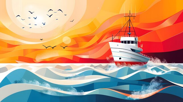 vector flat seafood sustainability poster comparing IUU risk zones by color intensity, informative and urgent, cinematic scene