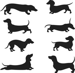 Dachshund dog silhouettes, black dachshund shapes, different poses, small dog breed, pet dog, canine silhouettes, dog outline collection, cute dog figures, animal shapes