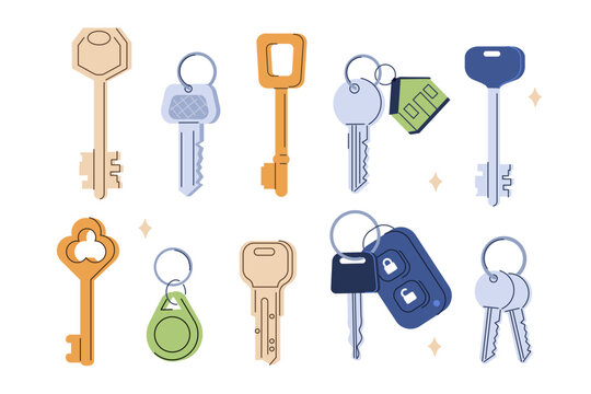 Various key blanks set. Apartment, home, car and other keys on keyholders. Locksmith service concept. Vector illustration.