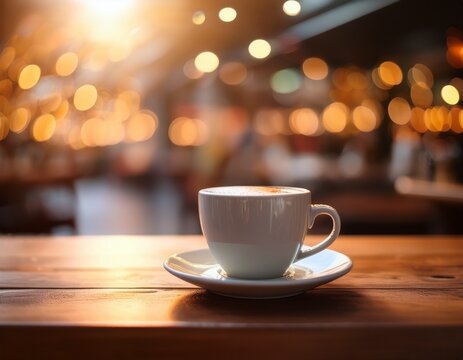 coffee cup in the foreground with warm bokeh lights and blurred cafe background soft earthy tones creating a cozy coffee shop atmosphere