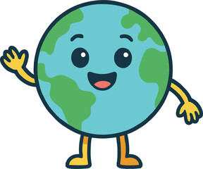Cute cartoon Earth globe mascot with smiling face and waving hand, perfect for environmental, geography, education, sustainability, and global awareness vector designs.
