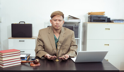 Judge, male lawyer discuss legal services for businessmen, give advice on contracts, plan court...