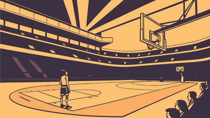 Basketball Player Standing Alone on Court in Large Arena.