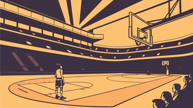 Basketball Player Standing Alone on Court in Large Arena.