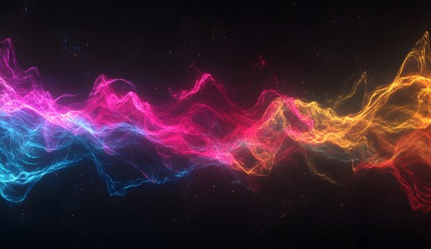 Colorful, glowing sound waves on a black background, Abstract wave line design.