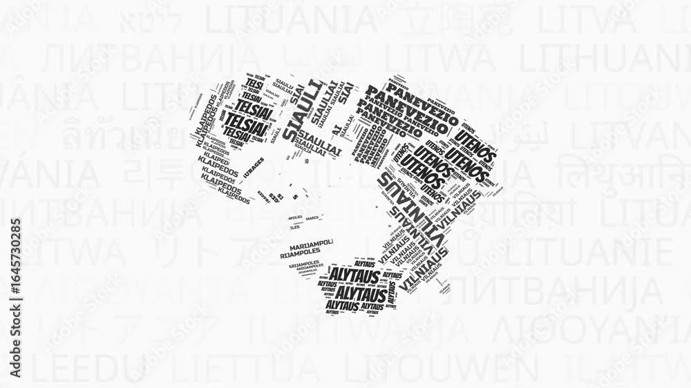 Aufkleber lithuania intro animation. country with regions illustration video. background with country names in