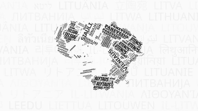 Lithuania intro animation. Country with regions illustration video. Background with country names in various languages. Regions of Lithuania animation. Beautiful video.