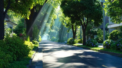 Tree canopy avenue urban road sunbeams lush green foliage, natural landscape, beautiful sunlight rays under tall trees