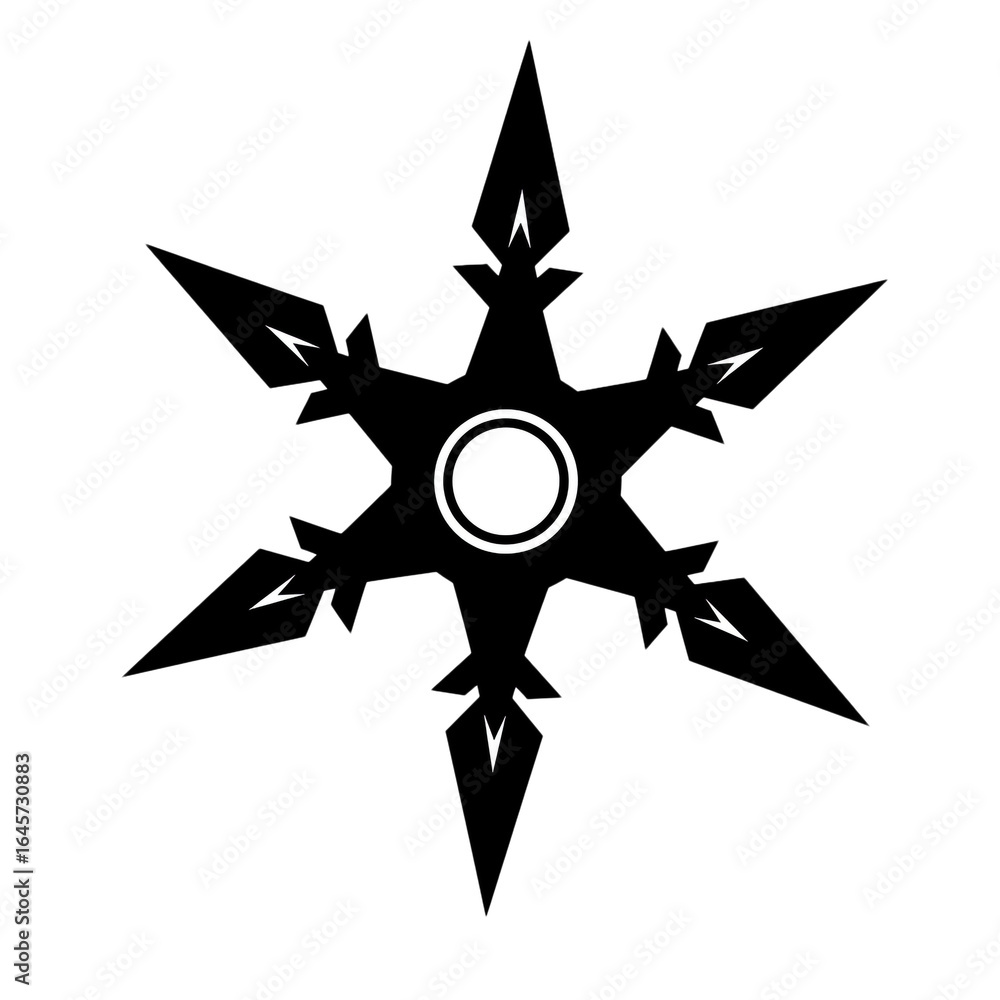 Poster a striking symmetrical six-pointed white geometric shape with sharp edges and a central circular ele
