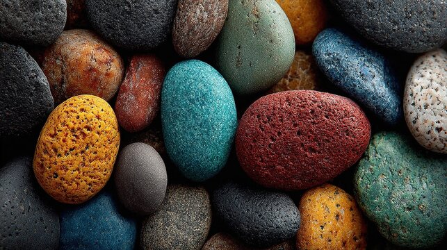 Organic pattern of beach pebbles close-up with multicolor stones in gray-brown, red, brown, white, blue, green, yellow, beige, black. Natural texture for surface design