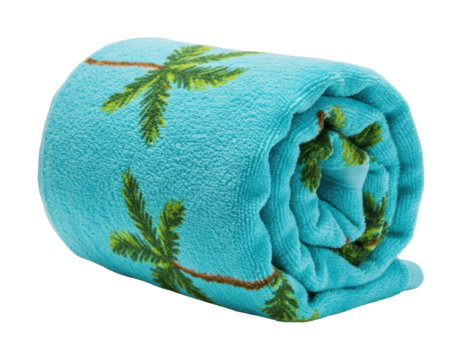 Beach towel with palm tree tropical setting product outdoor relaxation concept. Cut out png