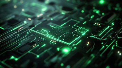 Close-up view of intricate circuit board with glowing green pathways.  Detailed  components and connections.  High-tech, futuristic design