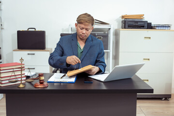 Judge, male lawyer discuss legal services for businessmen, give advice on contracts, plan court...