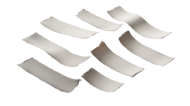 Collection of individually bent lightweight paper strips creating an abstract pattern, transparent background