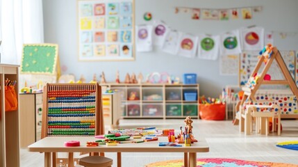 Colorful, bright preschool classroom with educational toys and learning materials