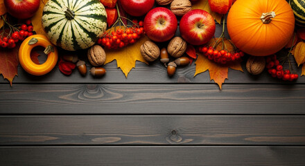 A rustic flat lay of autumn harvest bounty including pumpkins apples and nuts on a dark wood background perfect for seasonal greetings and Thanksgiving designs