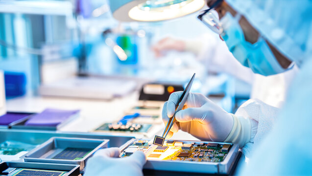 Engineer assembling a microchip on a board. Electronics and semiconductor manufacturing. Technology production in a sterile laboratory or factory.