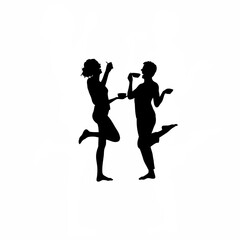 Multiethnic couple laughing and enjoying breakfast together silhouette isolated on white background