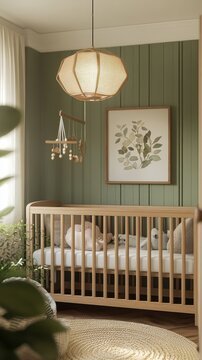 A baby ' s room with a cribe and a large plant
