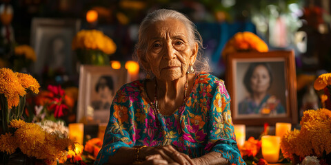 Elderly woman at vibrant Dia de los Muertos altar surrounded by flowers and portraits.
Perfect for cultural editorials, heritage stories, or memorial campaigns.