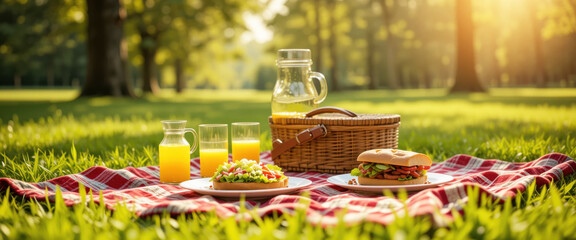 A sunny picnic in the park, complete with sandwiches, juice, and a basket
