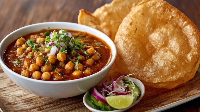 Indian chole bhature chickpea curry fried bread pickle garnish