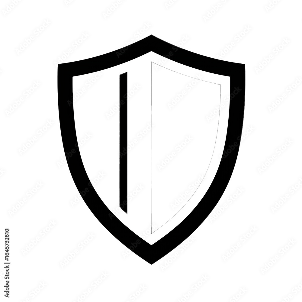 Poster a striking abstract black shield featuring a prominent white outline and a bold central vertical bar