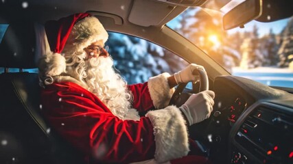 Santa Claus drives a car through a snowy winter landscape, sun gleaming from the window - Powered by Adobe