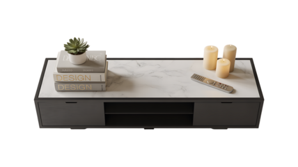 Modern Gray And White Marble Top Coffee Table With Two Open Shelves And Two Cabinet Doors, transparent background